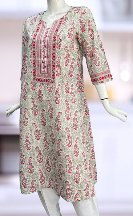 White/Pink Floral Jaipuri Cotton Kurti. Pure Versatile Cotton. | Laces and Frills - Laces and Frills