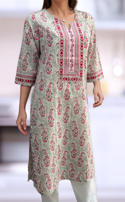 White/Pink Floral Jaipuri Cotton Kurti. Pure Versatile Cotton. | Laces and Frills