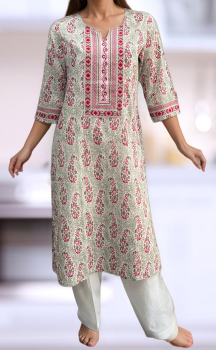 White/Pink Floral Jaipuri Cotton Kurti. Pure Versatile Cotton. | Laces and Frills