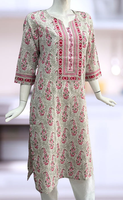 White/Pink Floral Jaipuri Cotton Kurti. Pure Versatile Cotton. | Laces and Frills - Laces and Frills