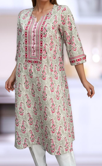 White/Pink Floral Jaipuri Cotton Kurti. Pure Versatile Cotton. | Laces and Frills