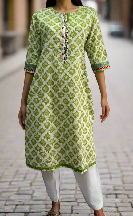 White/Green Floral Jaipuri Cotton Kurti. Pure Versatile Cotton. | Laces and Frills