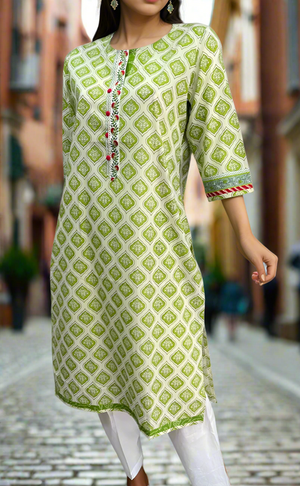 White/Green Floral Jaipuri Cotton Kurti. Pure Versatile Cotton. | Laces and Frills