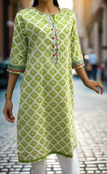 White/Green Floral Jaipuri Cotton Kurti. Pure Versatile Cotton. | Laces and Frills