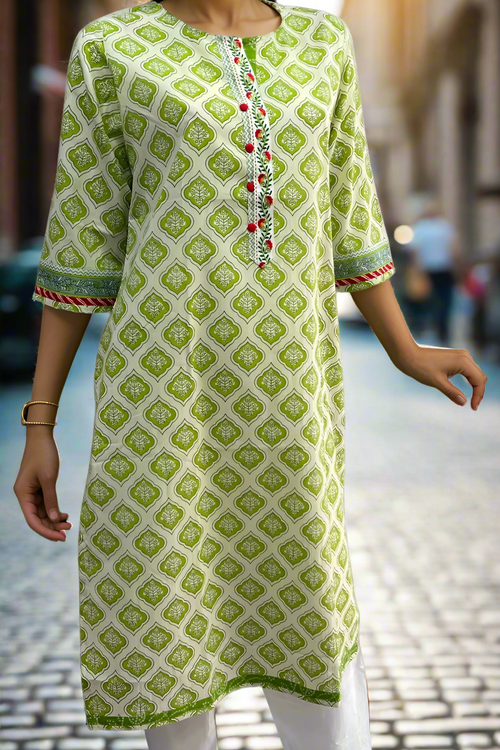 White/Green Floral Jaipuri Cotton Kurti. Pure Versatile Cotton. | Laces and Frills