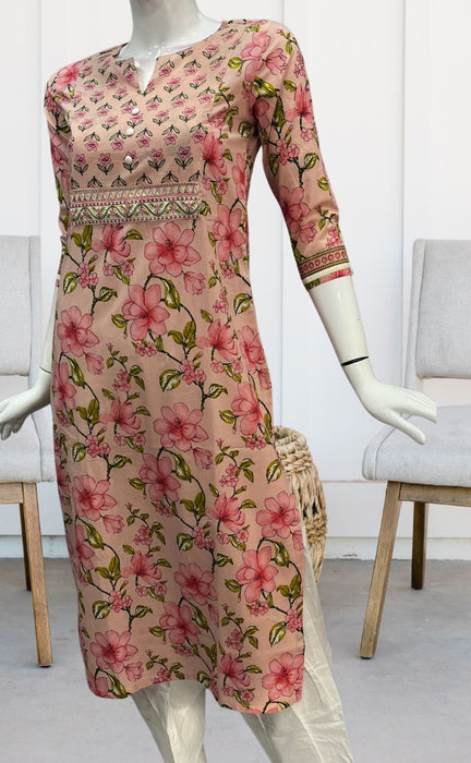 Peach Floral Jaipuri Cotton Kurti. Pure Versatile Cotton. | Laces and Frills