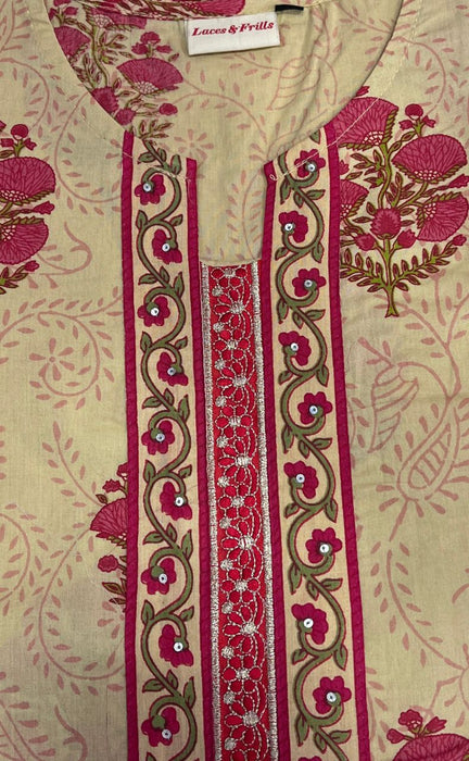 Beige/Pink Garden Jaipuri Cotton Kurti. Pure Versatile Cotton. | Laces and Frills