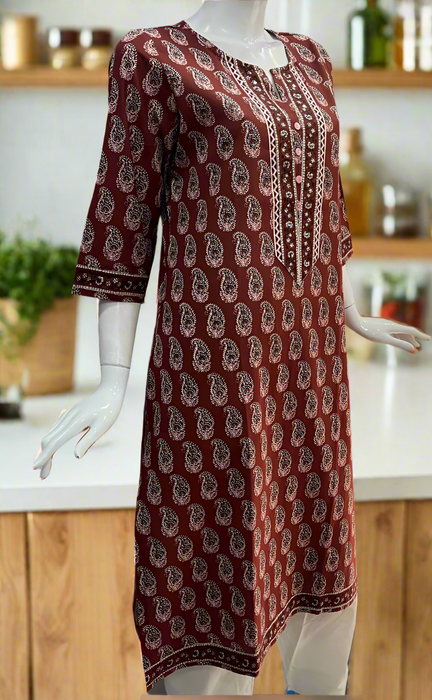 Maroon Motif Cotton Kurti. Pure Versatile Cotton. | Laces and Frills