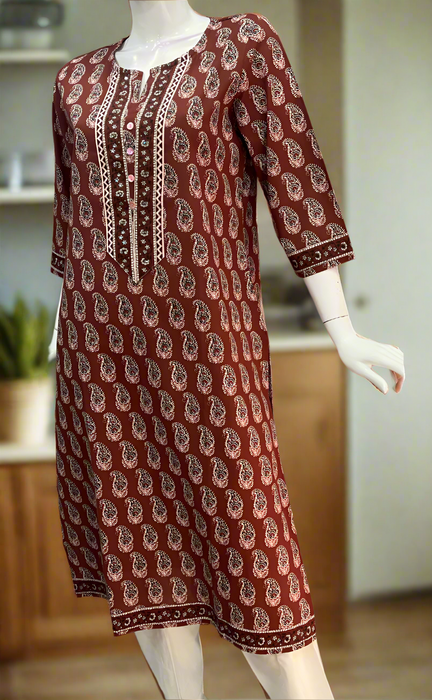 Maroon Motif Cotton Kurti. Pure Versatile Cotton. | Laces and Frills