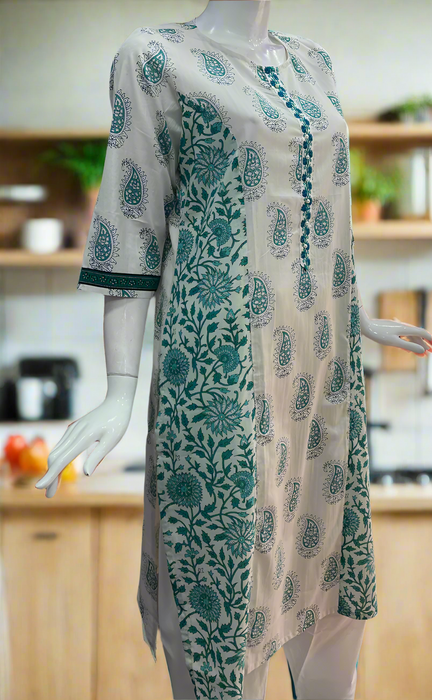 White/Sea Green Motif Cotton Kurti. Pure Versatile Cotton. | Laces and Frills