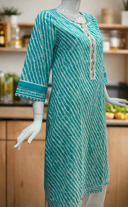 Turquoise Green Leheriya Print Cotton Kurti. Pure Versatile Cotton. | Laces and Frills