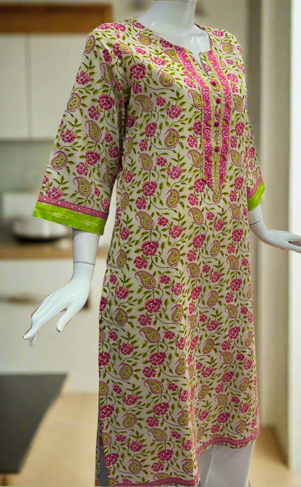 Pink/Green Garden Cotton Kurti. Pure Versatile Cotton. | Laces and Frills