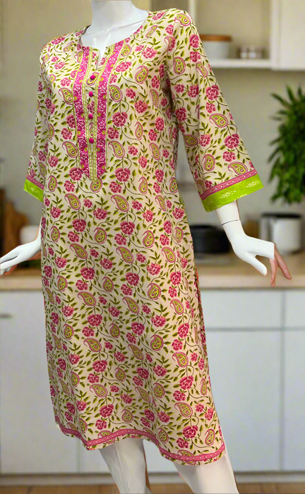 Pink/Green Garden Cotton Kurti. Pure Versatile Cotton. | Laces and Frills