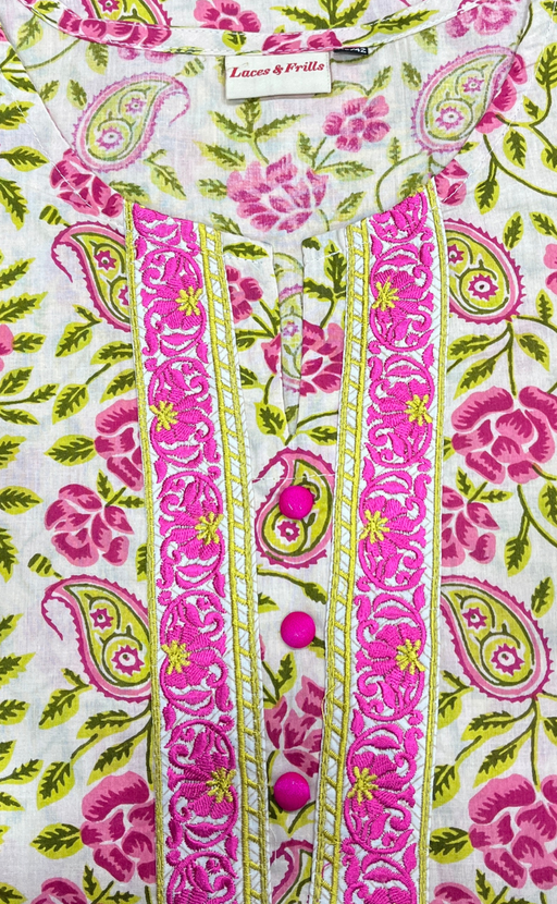 Pink/Green Garden Cotton Kurti. Pure Versatile Cotton. | Laces and Frills