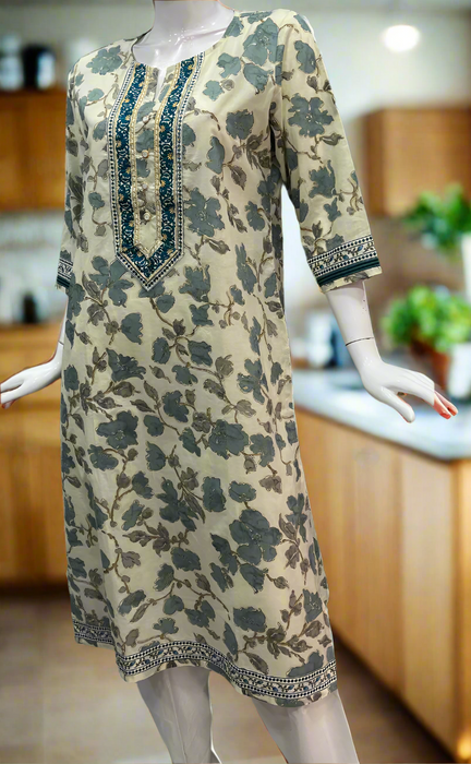 Grey/Blue Flora Cotton Kurti. Pure Versatile Cotton. | Laces and Frills