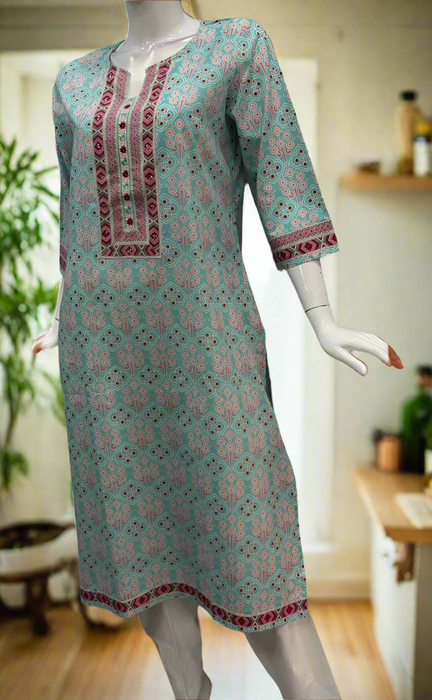 Sea Green Flora Cotton Kurti. Pure Versatile Cotton. | Laces and Frills