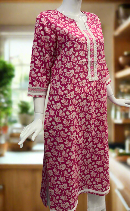 Pink Floral Cotton Kurti. Pure Versatile Cotton. | Laces and Frills