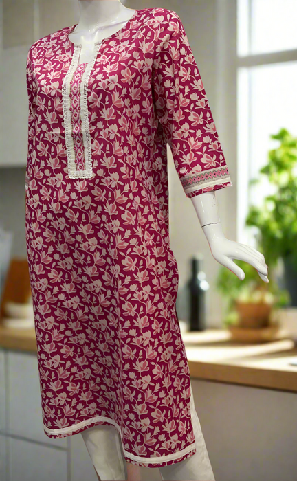 Pink Floral Cotton Kurti. Pure Versatile Cotton. | Laces and Frills