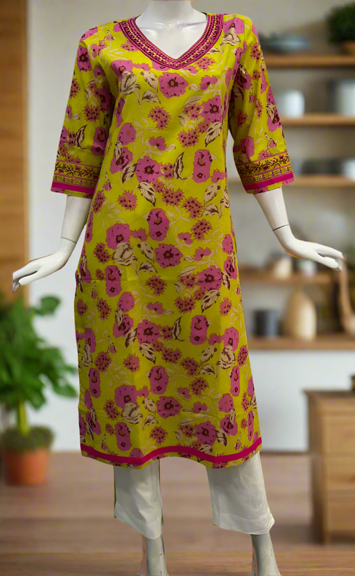 Yellow Flora Jaipuri Cotton Kurti. Pure Versatile Cotton. | Laces and Frills