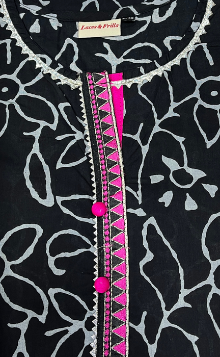 Black Flora Jaipuri Cotton Kurti. Pure Versatile Cotton. | Laces and Frills