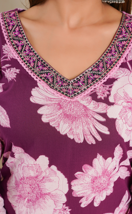 Violet Floral Jaipuri Cotton Kurti. Pure Versatile Cotton. | Laces and Frills