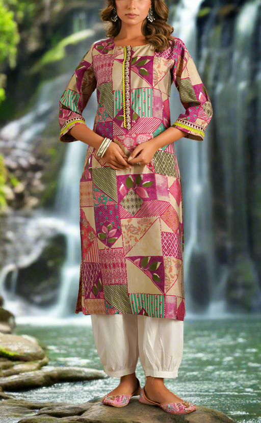 Beige/Violet Abstract Jaipuri Modal Kurti. Soft Versatile Modal Silk. | Laces and Frills