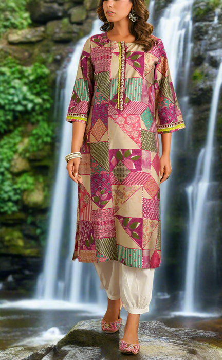 Beige/Violet Abstract Jaipuri Modal Kurti. Soft Versatile Modal Silk. | Laces and Frills