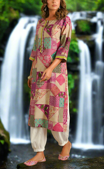 Beige/Violet Abstract Jaipuri Modal Kurti. Soft Versatile Modal Silk. | Laces and Frills