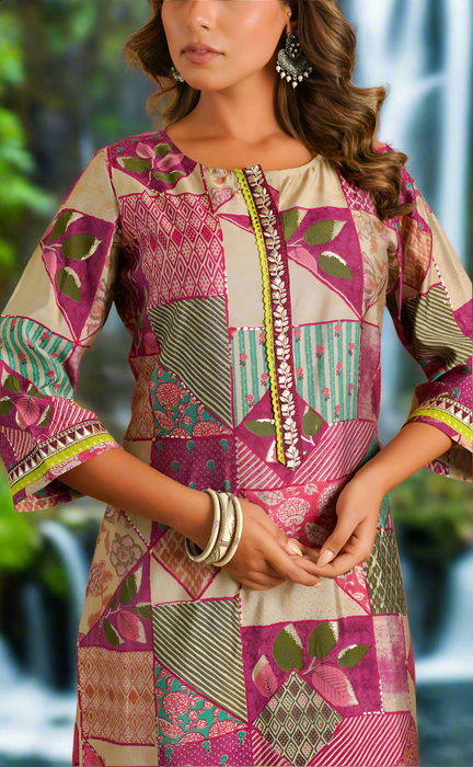 Beige/Violet Abstract Jaipuri Modal Kurti. Soft Versatile Modal Silk. | Laces and Frills