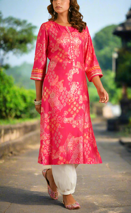 Rani Pink Motif Jaipuri Modal Kurti. Soft Versatile Modal Silk. | Laces and Frills