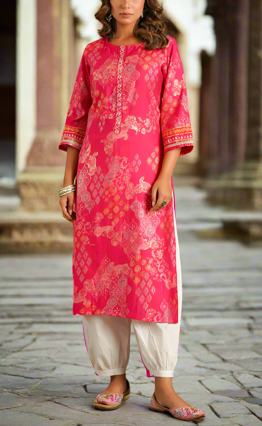 Rani Pink Motif Jaipuri Modal Kurti. Soft Versatile Modal Silk. | Laces and Frills