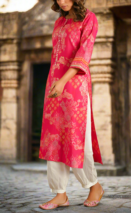 Rani Pink Motif Jaipuri Modal Kurti. Soft Versatile Modal Silk. | Laces and Frills