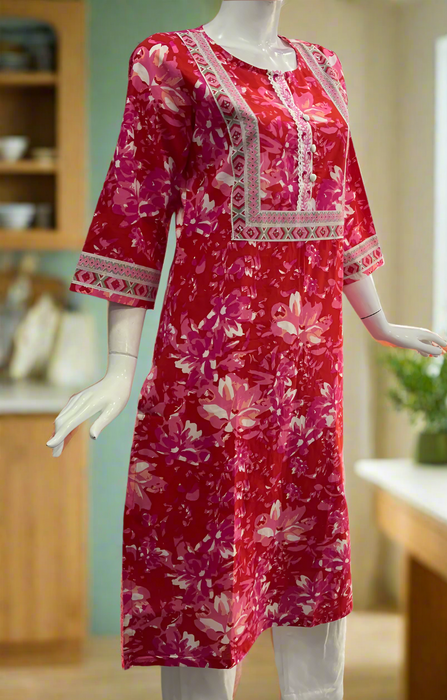 Red/Pink Flora Jaipuri Cotton Kurti. Pure Versatile Cotton. | Laces and Frills