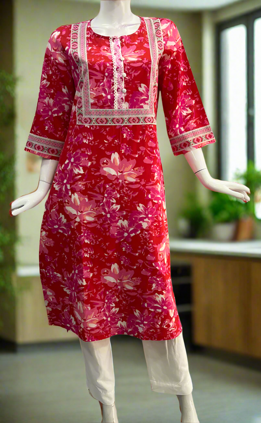 Red/Pink Flora Jaipuri Cotton Kurti. Pure Versatile Cotton. | Laces and Frills