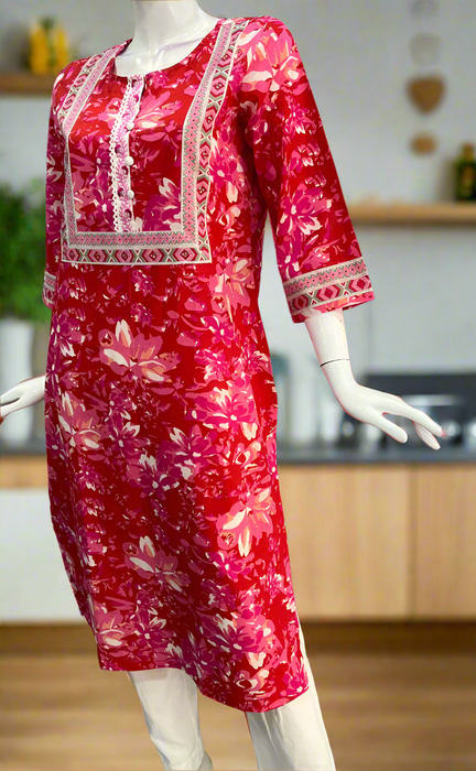 Red/Pink Flora Jaipuri Cotton Kurti. Pure Versatile Cotton. | Laces and Frills