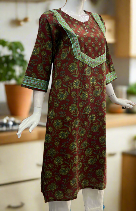 Maroon Floral Jaipuri Cotton Kurti. Pure Versatile Cotton. | Laces and Frills