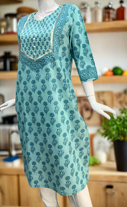 Sea Green Flora Jaipuri Cotton Kurti. Pure Versatile Cotton. | Laces and Frills