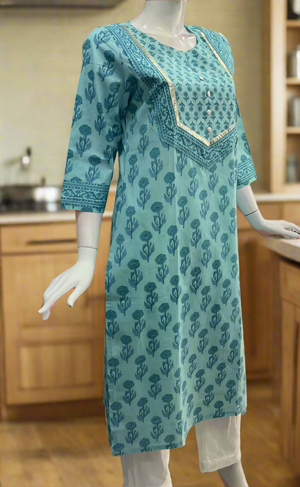 Sea Green Flora Jaipuri Cotton Kurti. Pure Versatile Cotton. | Laces and Frills