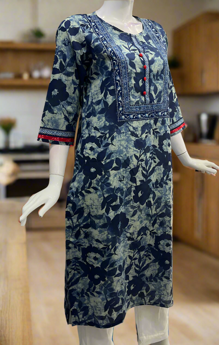 Navy Blue Flora Jaipuri Cotton Kurti. Pure Versatile Cotton. | Laces and Frills