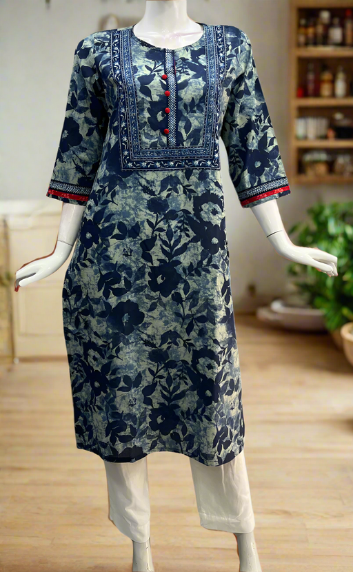 Navy Blue Flora Jaipuri Cotton Kurti. Pure Versatile Cotton. | Laces and Frills