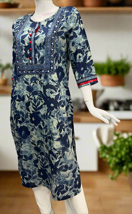 Navy Blue Flora Jaipuri Cotton Kurti. Pure Versatile Cotton. | Laces and Frills