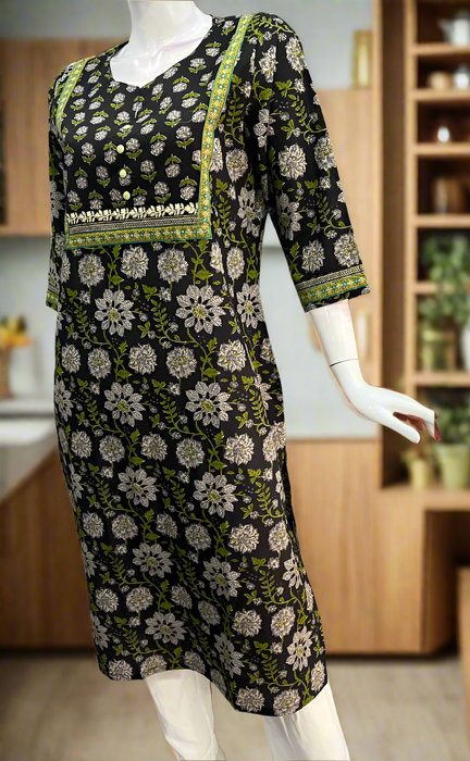 Black/Green Floral Jaipuri Cotton Kurti. Pure Versatile Cotton. | Laces and Frills