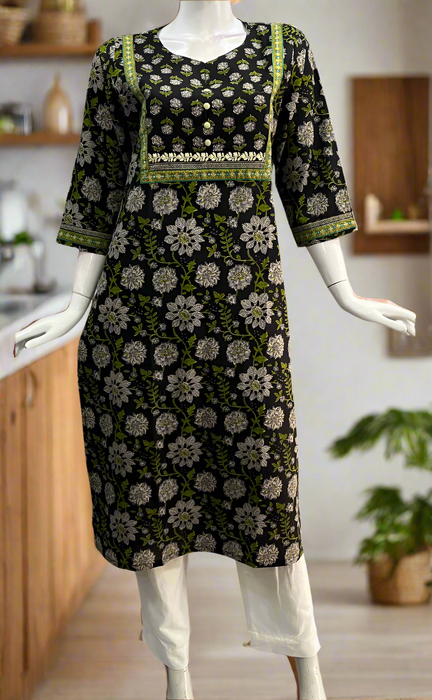 Black/Green Floral Jaipuri Cotton Kurti. Pure Versatile Cotton. | Laces and Frills