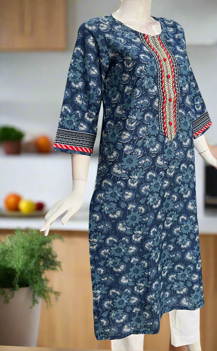 Indigo Blue Floral Jaipuri Cotton Kurti. Pure Versatile Cotton. | Laces and Frills