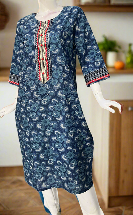 Indigo Blue Floral Jaipuri Cotton Kurti. Pure Versatile Cotton. | Laces and Frills