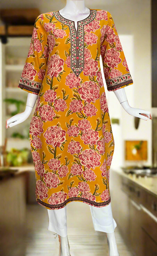 Mustard Floral Jaipuri Cotton Kurti. Pure Versatile Cotton. | Laces and Frills