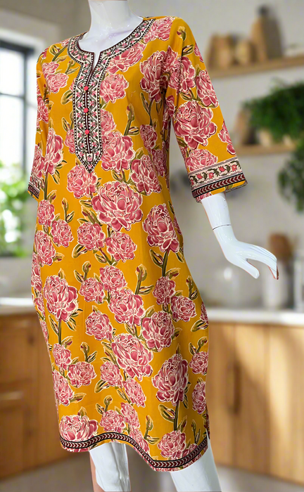 Mustard Floral Jaipuri Cotton Kurti. Pure Versatile Cotton. | Laces and Frills