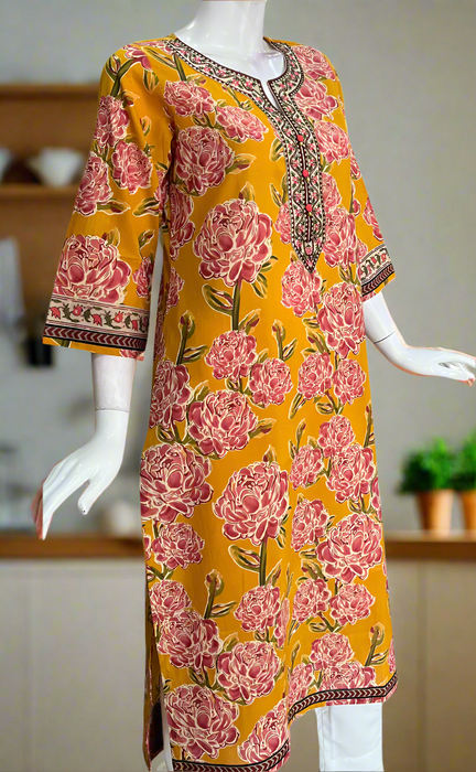 Mustard Floral Jaipuri Cotton Kurti. Pure Versatile Cotton. | Laces and Frills