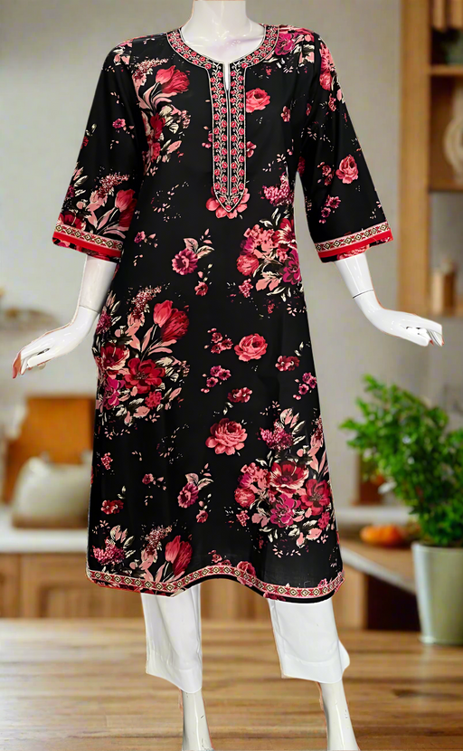 Black Floral Jaipuri Cotton Kurti. Pure Versatile Cotton. | Laces and Frills