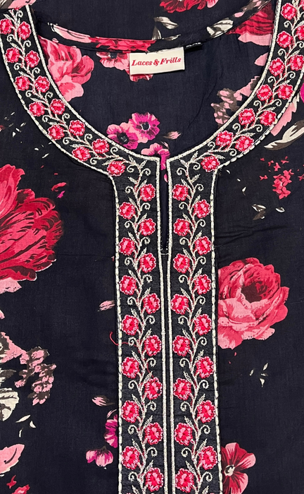 Black Floral Jaipuri Cotton Kurti. Pure Versatile Cotton. | Laces and Frills